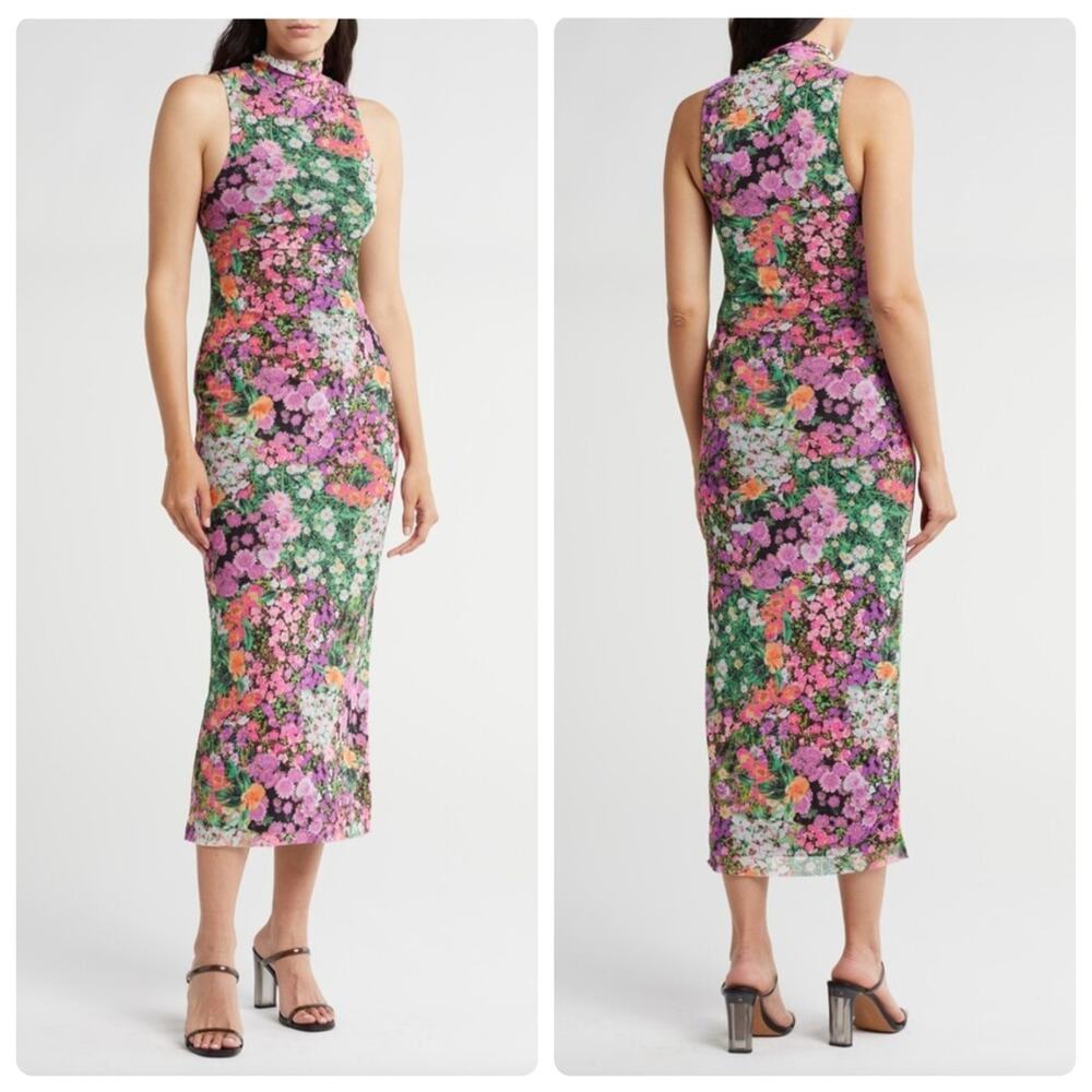 AFRM Floral Mesh Long Midi Dress M – Mock Neck Sleeveless Bodycon Lined